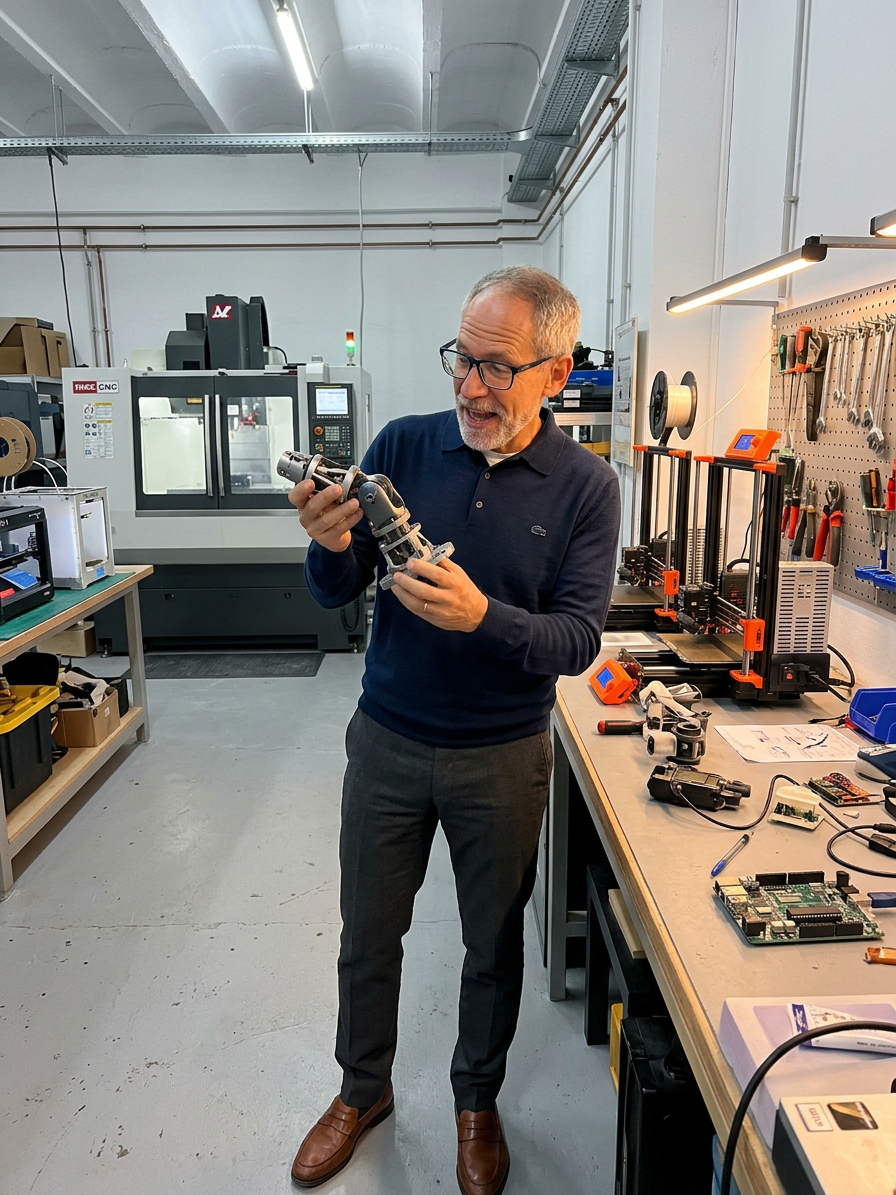 Kai Pawlowski betrachtet ein selbst gefertigtes Bauteil in einer Werkstatt mit CNC-Maschine und 3D-Druckern