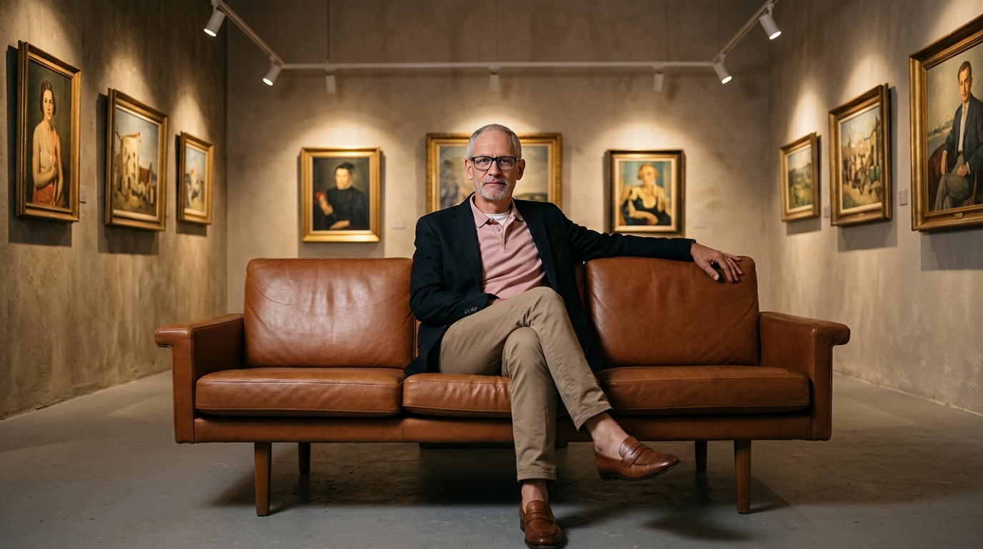 Kai Pawlowski sitzt auf einem Ledersofa in einem Ausstellungsraum mit gerahmten Gemälden