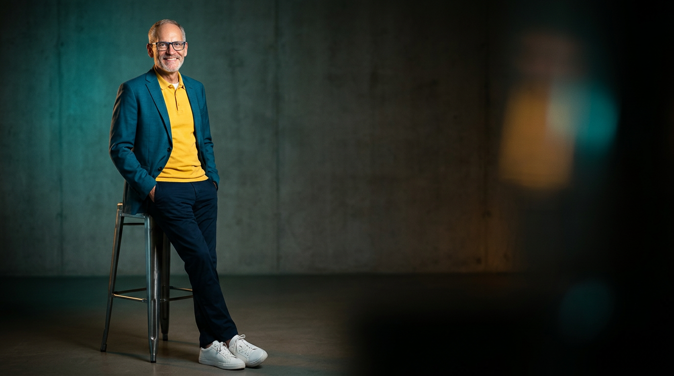 Kai Pawlowski, an einen Barhocker gelehnt, vor einer dunklen Betonwand