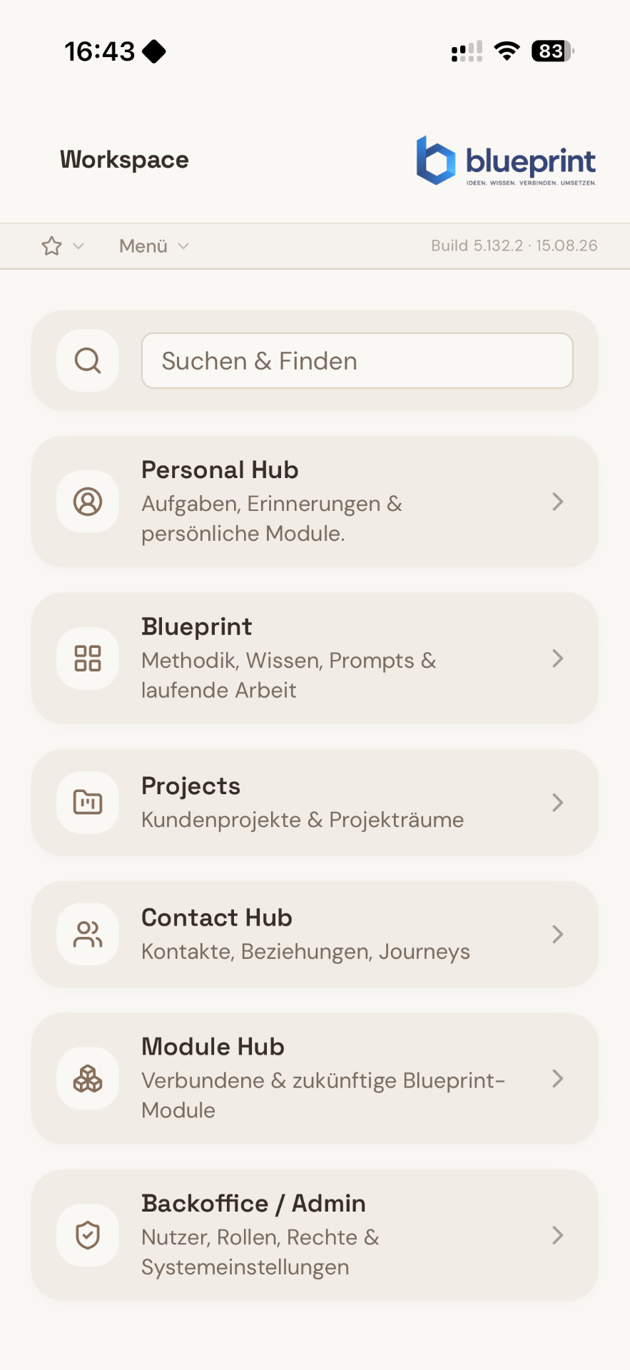 Blueprint Workspace mit den Einstiegen Personal Hub, Blueprint, Projects, Contact Hub, Module Hub und Backoffice