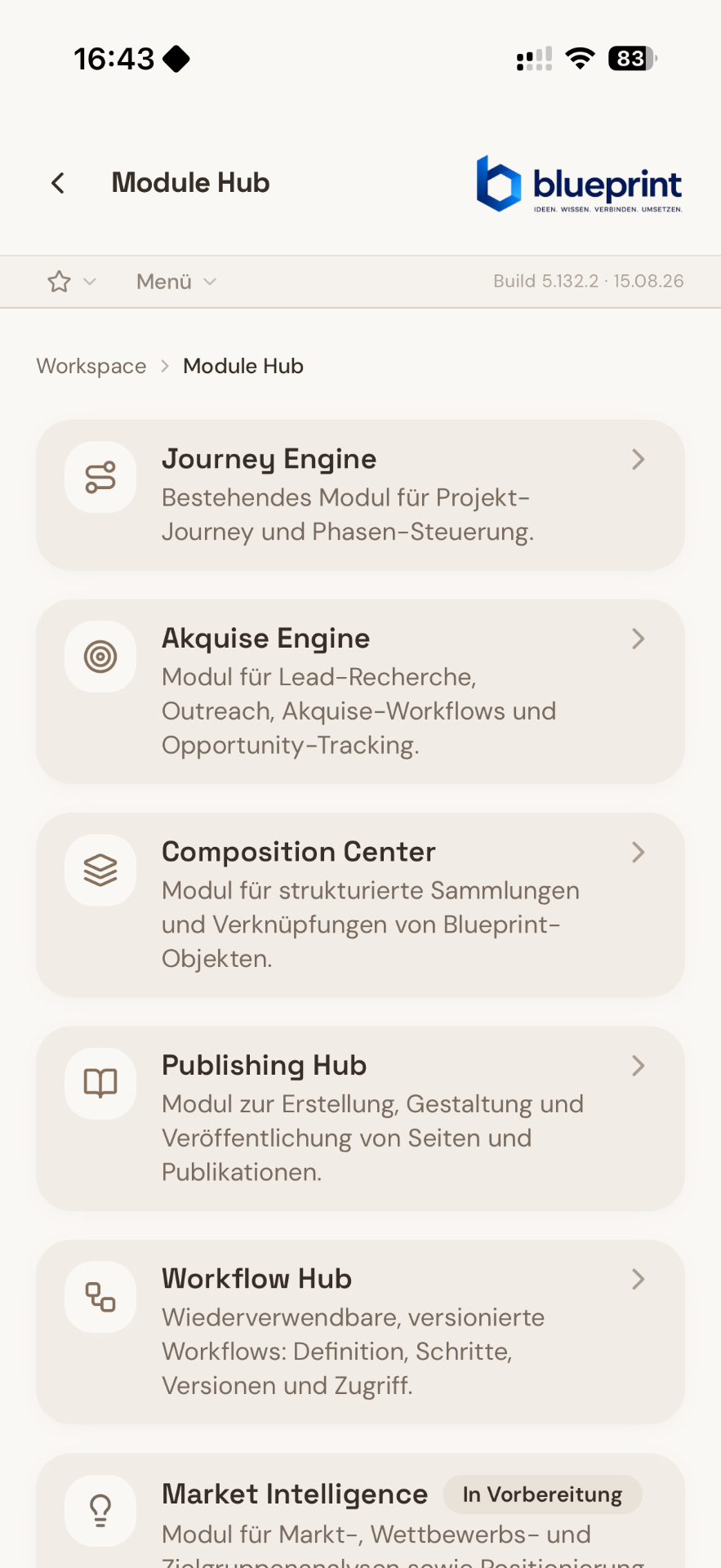 Blueprint Module Hub mit Journey Engine, Akquise Engine, Composition Center, Publishing Hub und Workflow Hub