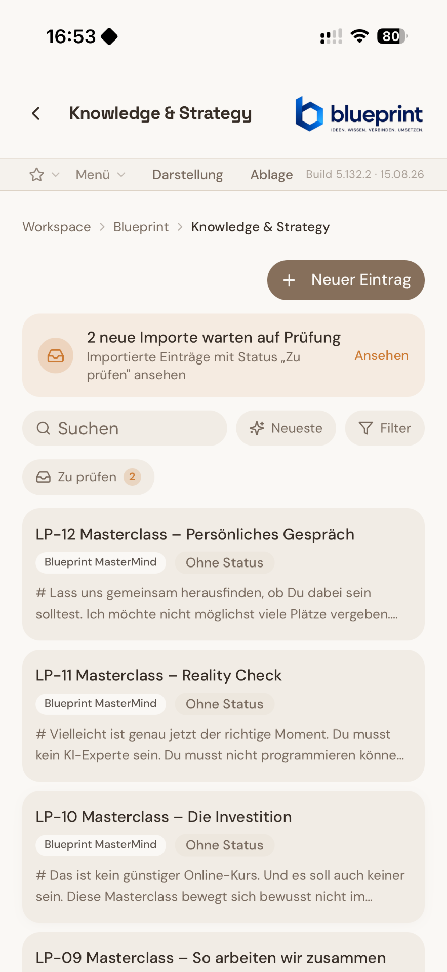 Blueprint Knowledge-&-Strategy-Liste mit den Masterclass-Quelltexten LP-12, LP-11 und LP-10