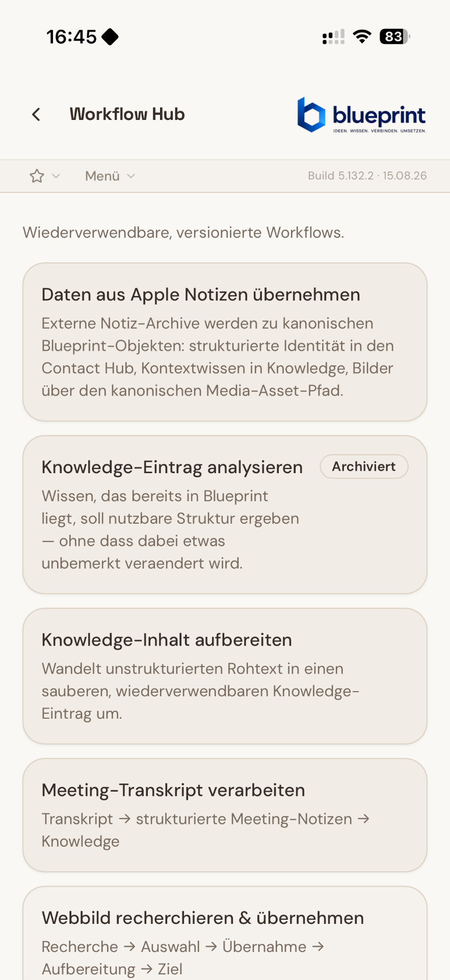 Blueprint Workflow Hub mit wiederverwendbaren, versionierten Workflows