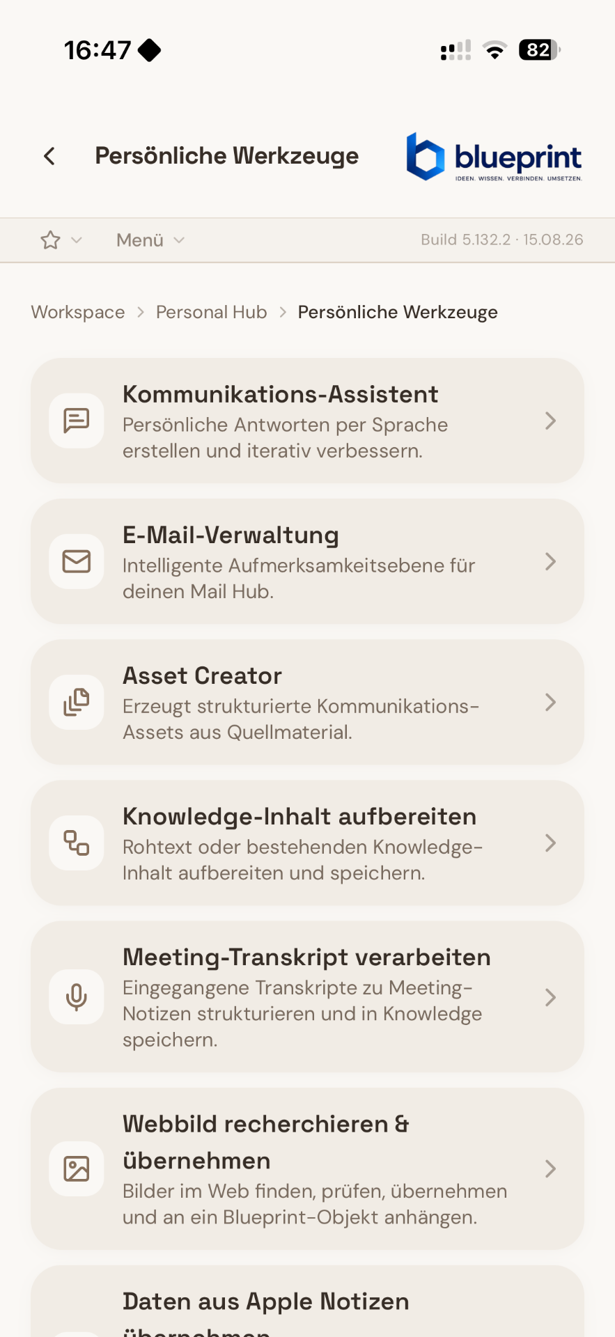 Persönliche Werkzeuge in Blueprint: Kommunikations-Assistent, E-Mail-Verwaltung, Asset Creator und weitere